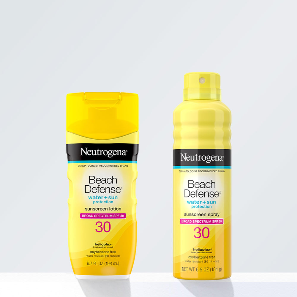 Neutrogena Beach Defense 6.7 oz bottle kept in a beach bag.
