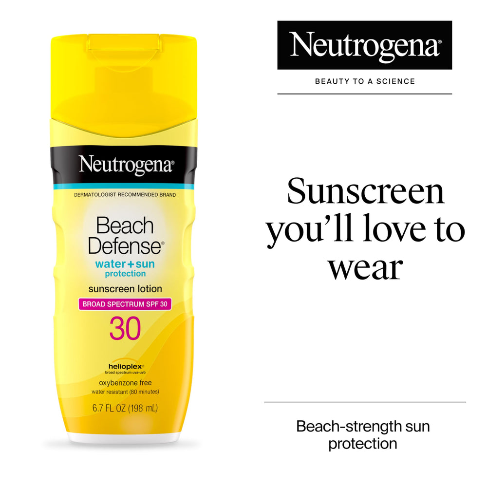 Neutrogena Beach Defense face sunscreen being applied for quick-absorbing coverage.