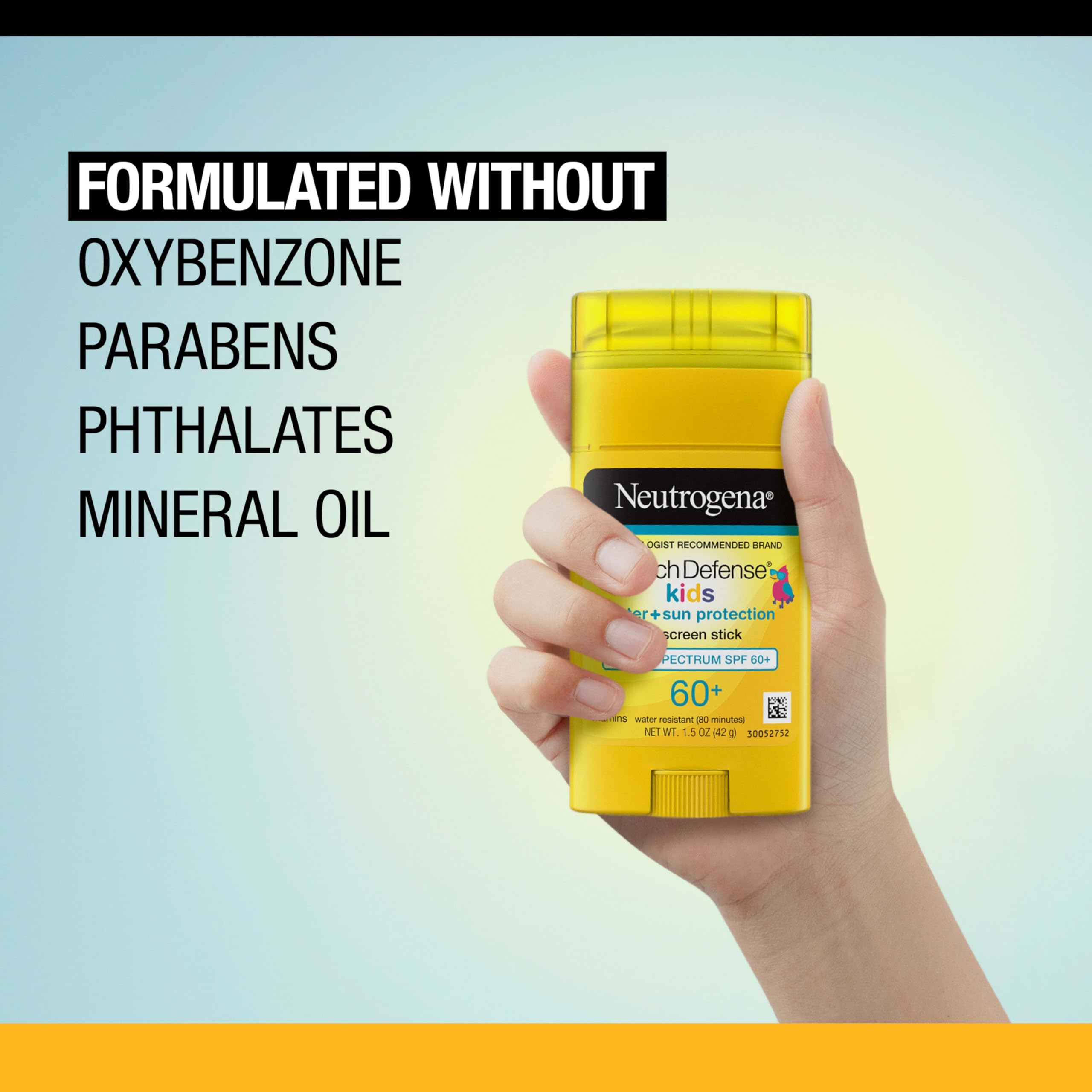 Neutrogena Beach Defense Kids Sunscreen Stick demonstrates 80-minute water resistance.