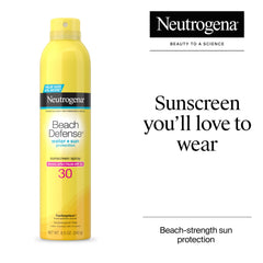 Neutrogena Beach Defense Spray applied to arms and face for quick, even sun coverage.