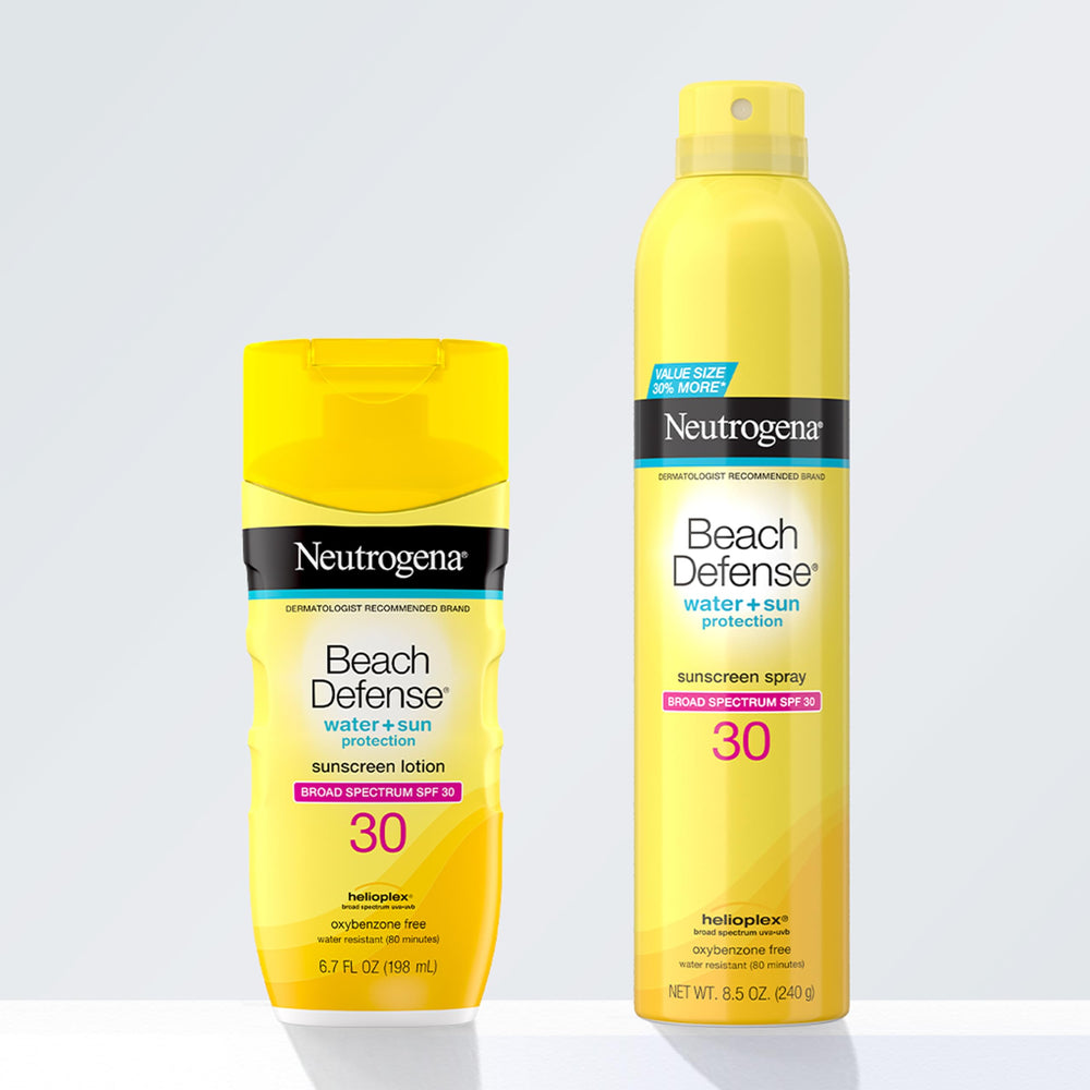 Neutrogena Beach Defense Spray used for kids during family outdoor sun care.