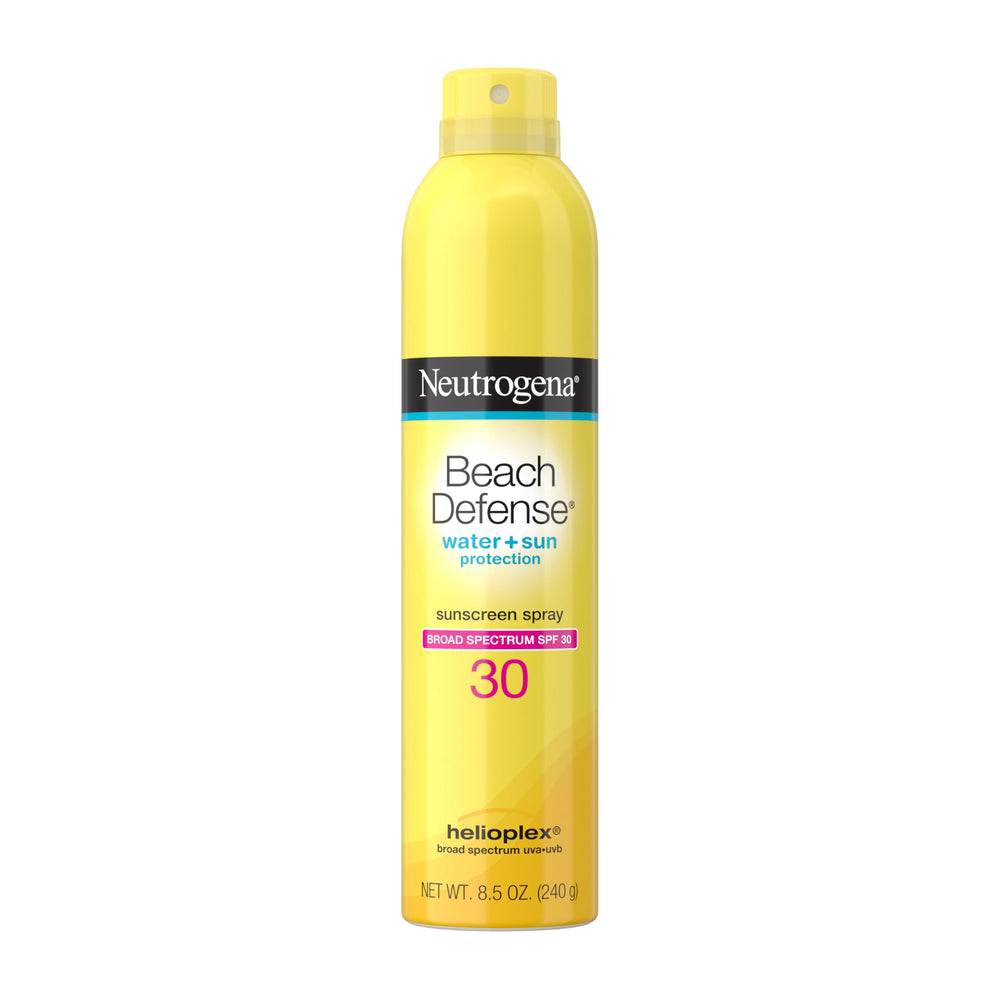 Neutrogena Beach Defense Spray on skin provides fast-absorbing SPF 30 protection during a sunny beach day.