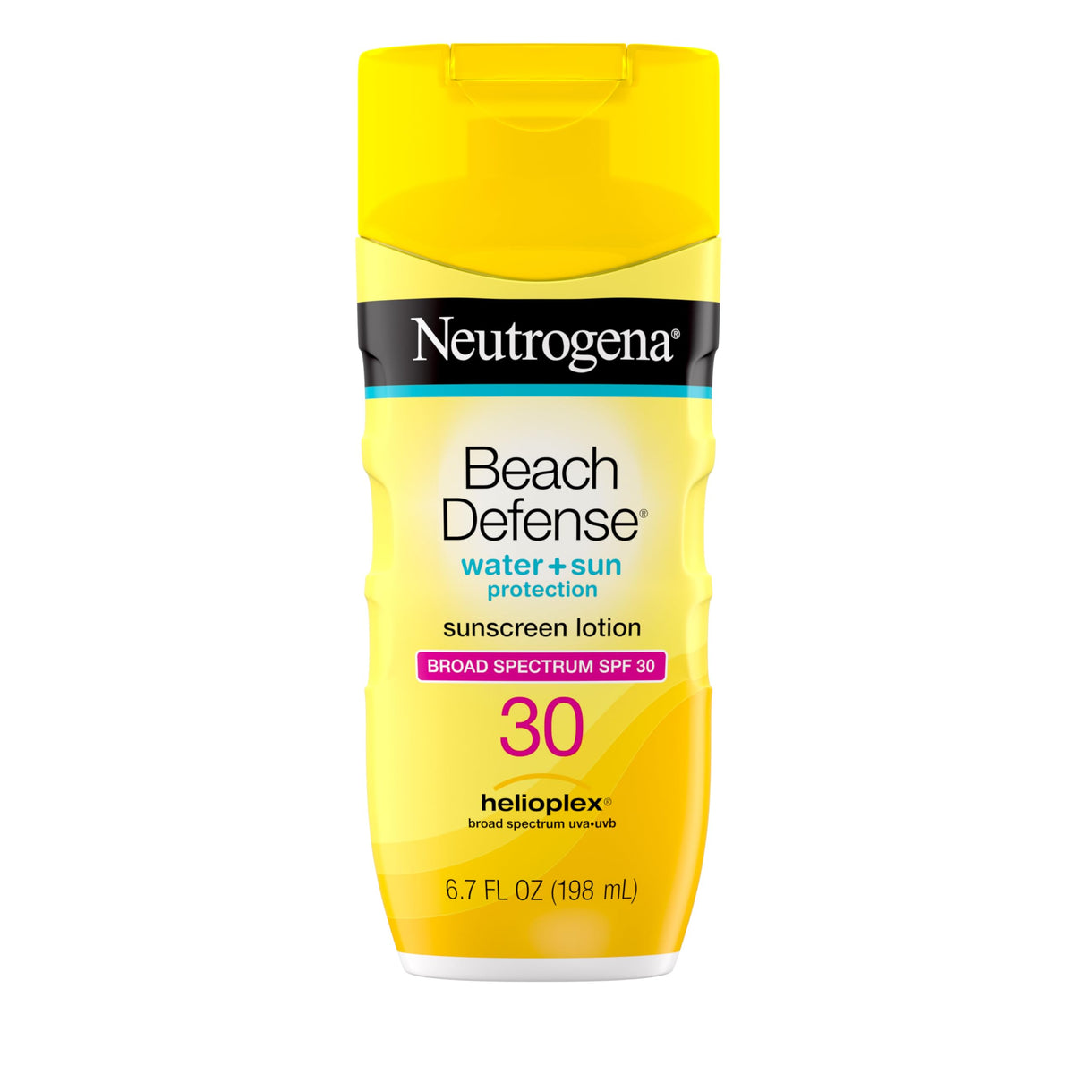 Neutrogena Beach Defense SPF30 sunscreen bottle provides light, non-greasy protection.
