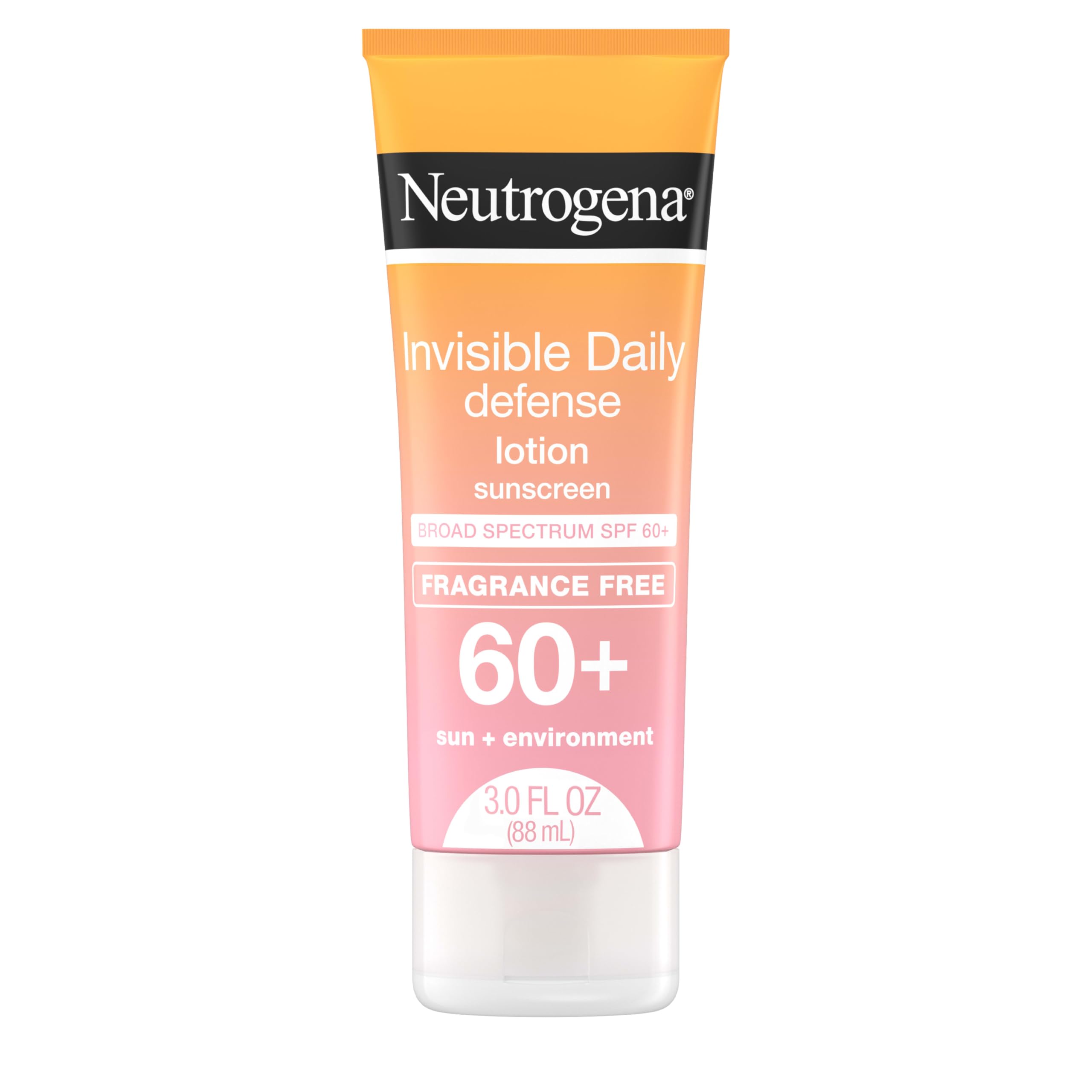 Neutrogena bottle of Invisible Daily Defense sunscreen lotion showing fragrance-free SPF 60+ protection.