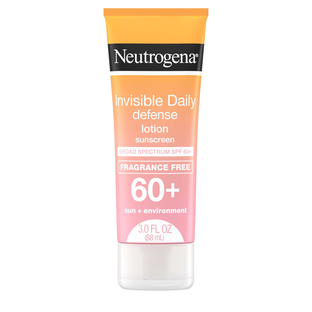Neutrogena bottle of Invisible Daily Defense sunscreen lotion showing fragrance-free SPF 60+ protection.
