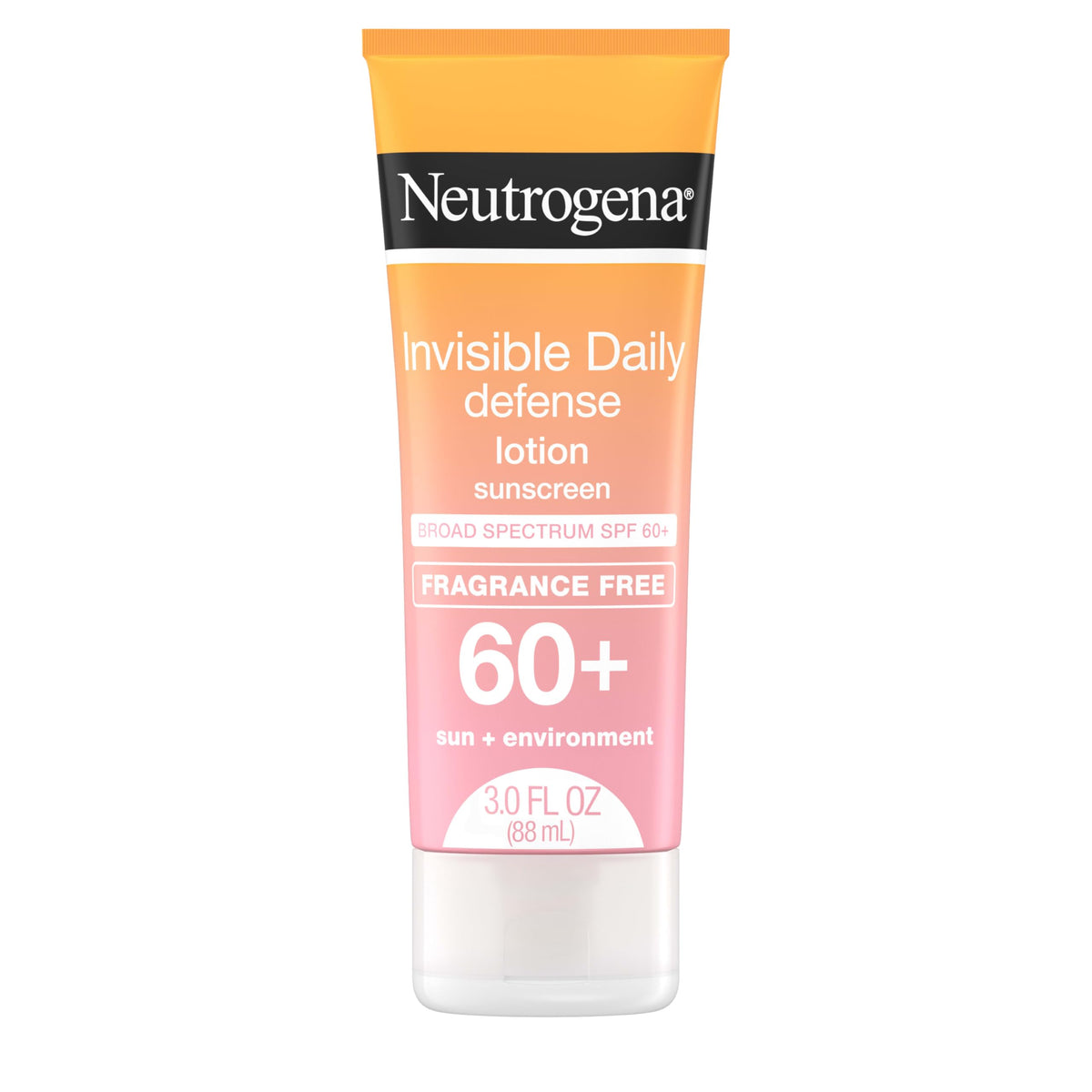 Neutrogena bottle of Invisible Daily Defense sunscreen lotion showing fragrance-free SPF 60+ protection.