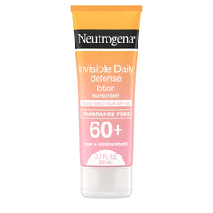 Neutrogena bottle of Invisible Daily Defense sunscreen lotion showing fragrance-free SPF 60+ protection.