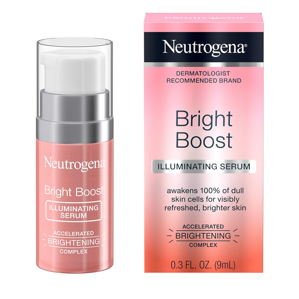 Close-up of Neutrogena Bright Boost serum dropper delivering brightening treatment.