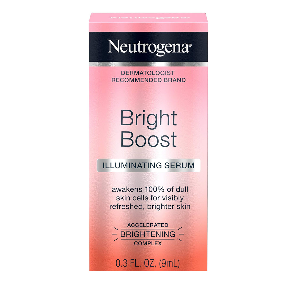 Neutrogena Bright Boost serum texture on skin suggesting smoother complexion.
