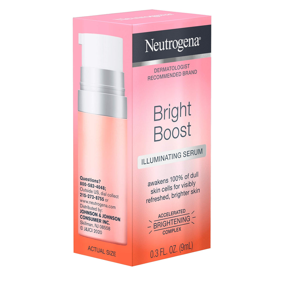 Neutrogena Bright Boost serum on clean skin showing even tone after a week.
