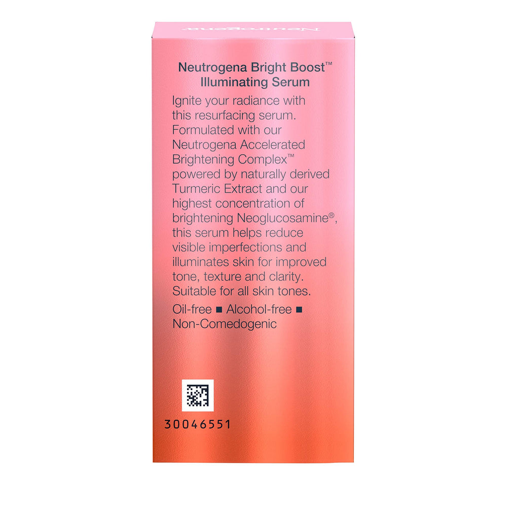 Neutrogena Bright Boost serum vial beside skincare routine icons for daily use.