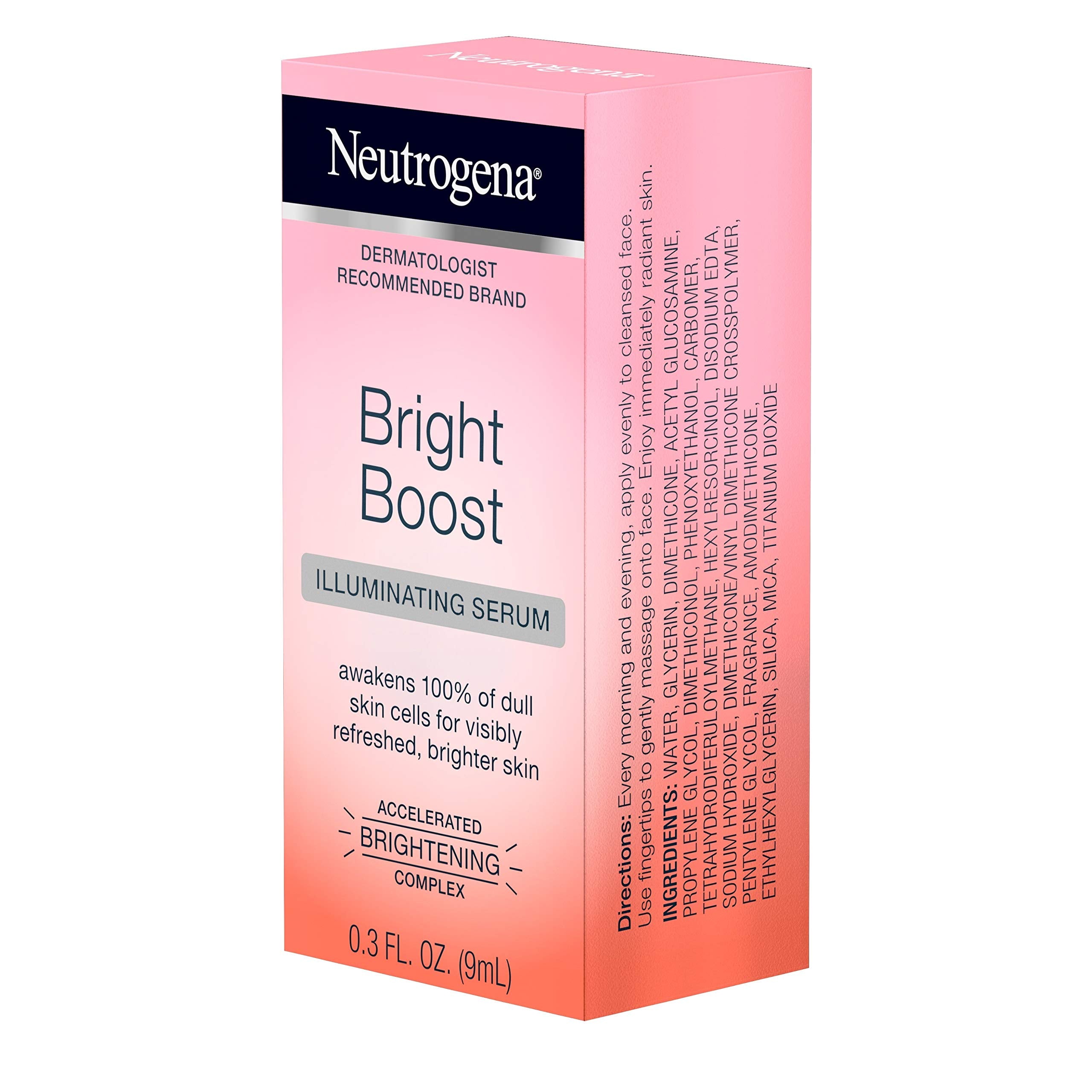 Neutrogena Bright Boost serum bottle highlighting turmeric for natural brightening.