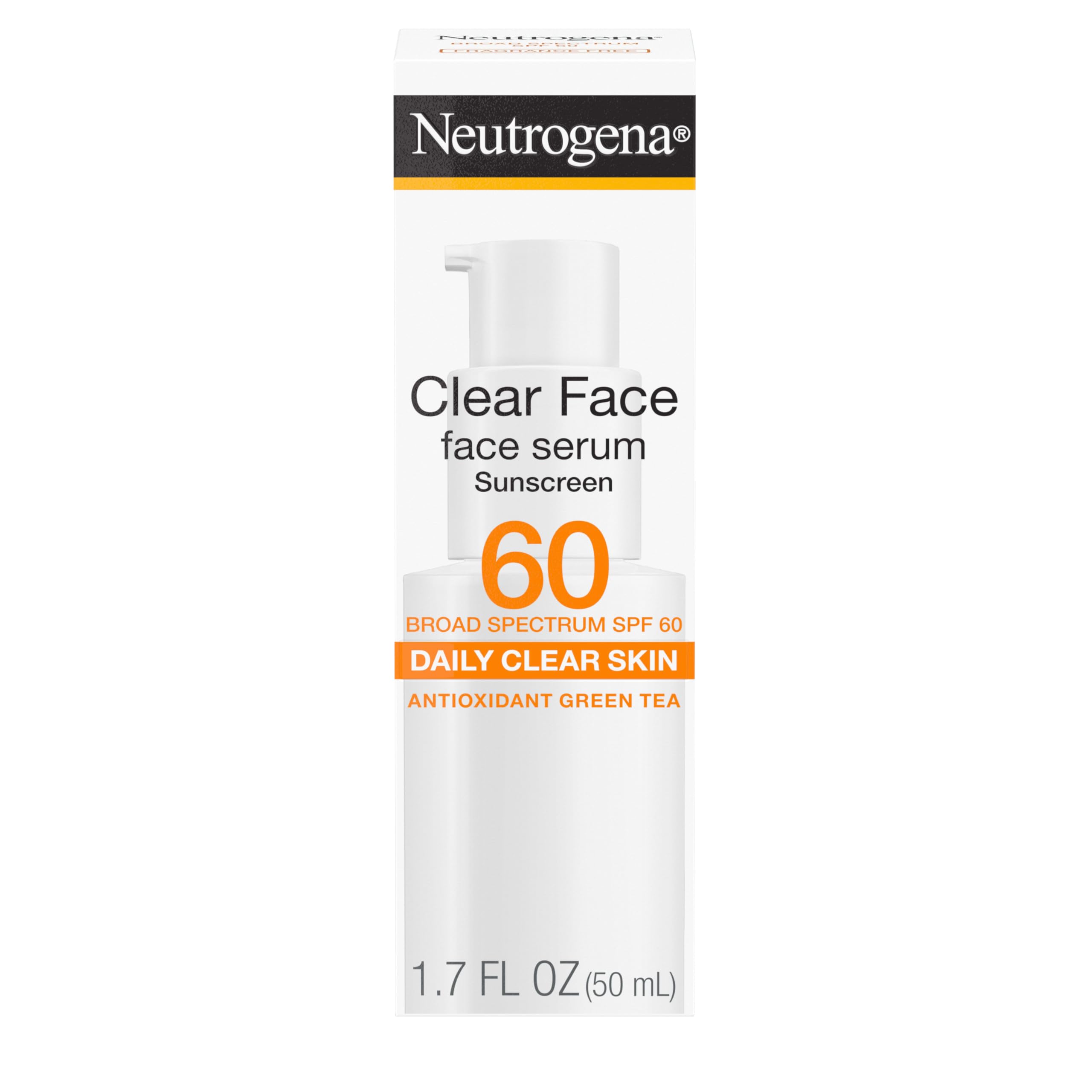 Neutrogena Clear Face Serum Sunscreen bottle shows SPF 60 protection for makeup-ready skin.