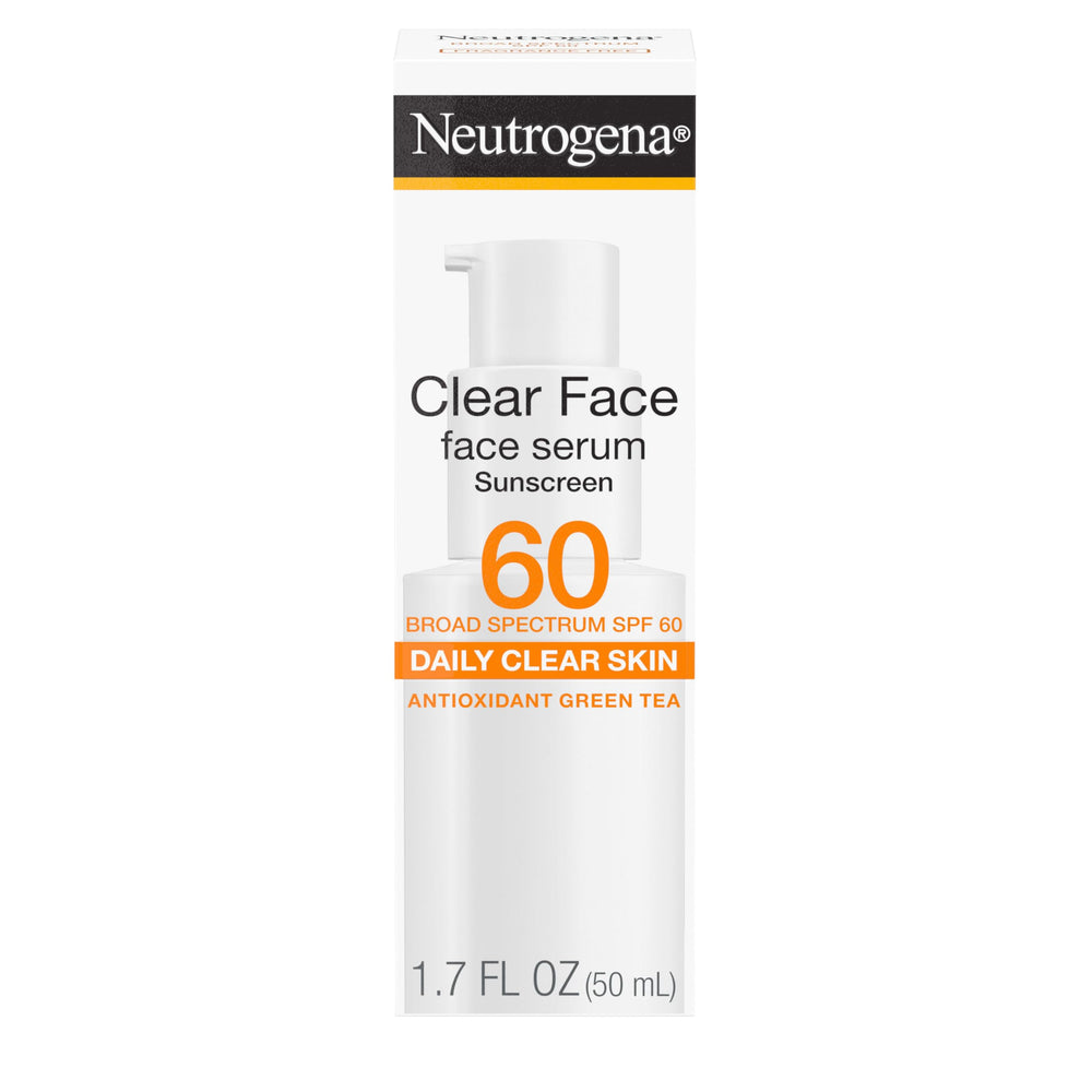 Neutrogena Clear Face Serum Sunscreen bottle shows SPF 60 protection for makeup-ready skin.