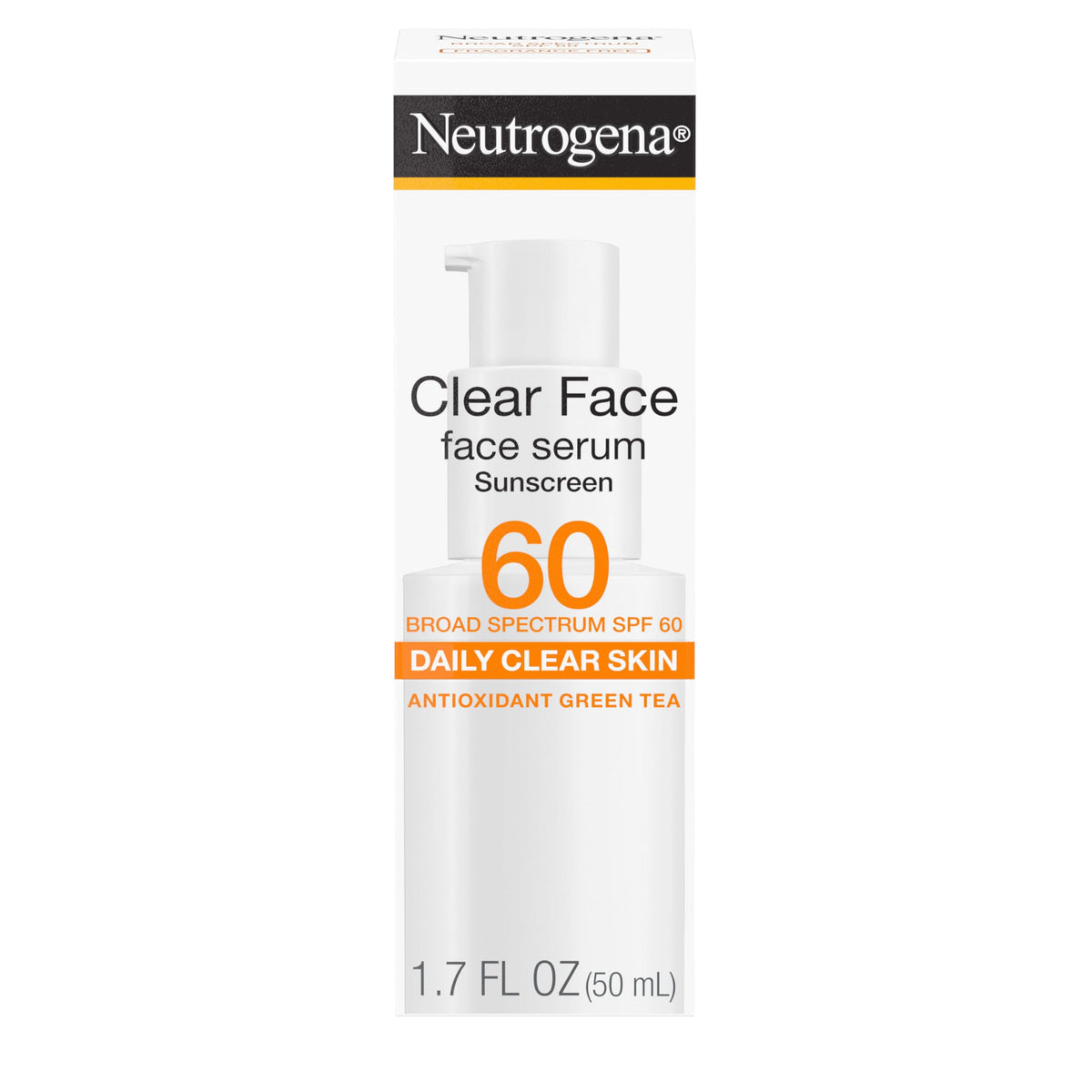 Neutrogena Clear Face Serum Sunscreen bottle shows SPF 60 protection for makeup-ready skin.