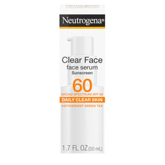 Neutrogena Clear Face Serum Sunscreen bottle shows SPF 60 protection for makeup-ready skin.