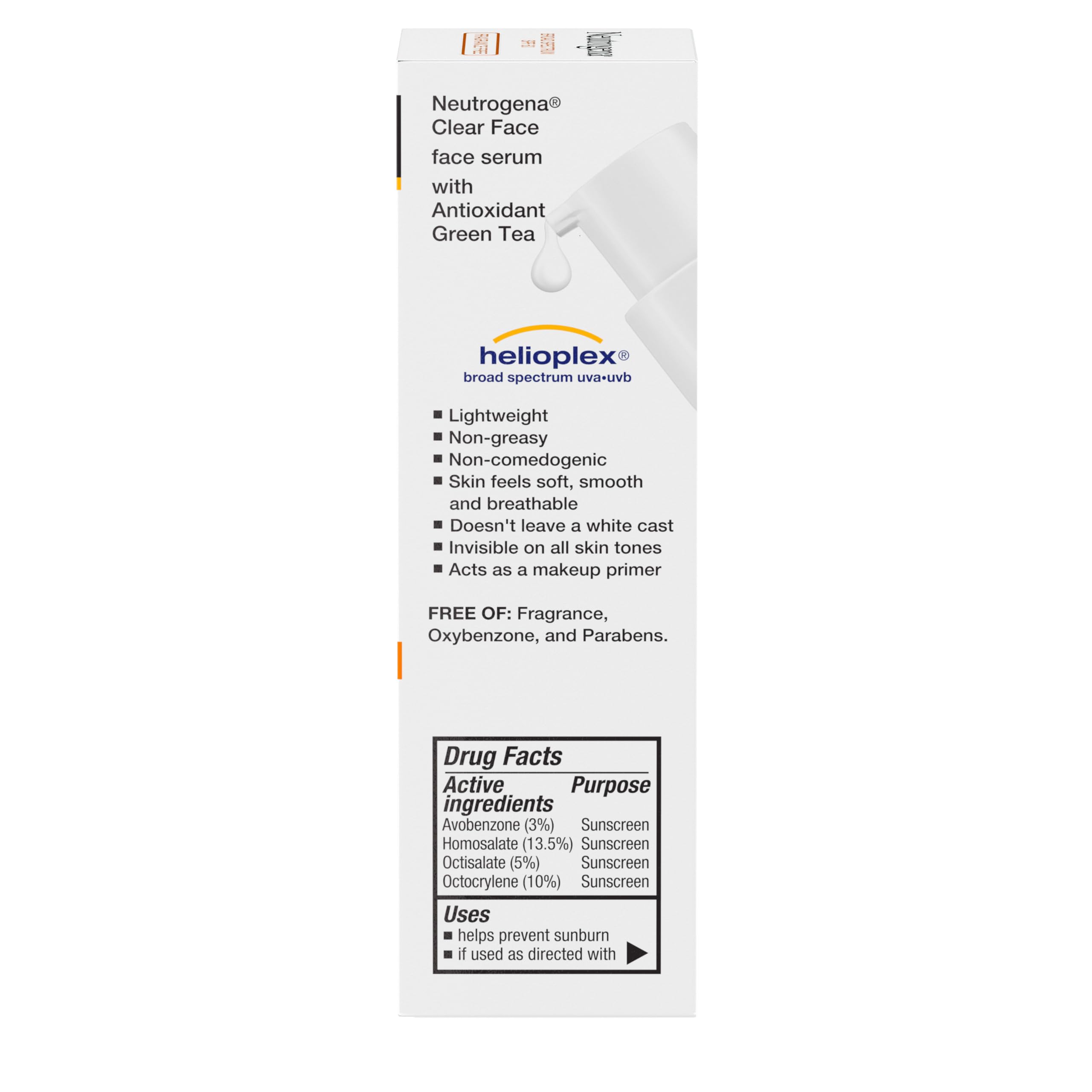 Neutrogena Clear Face Serum Sunscreen with Helioplex technology provides broad spectrum protection.