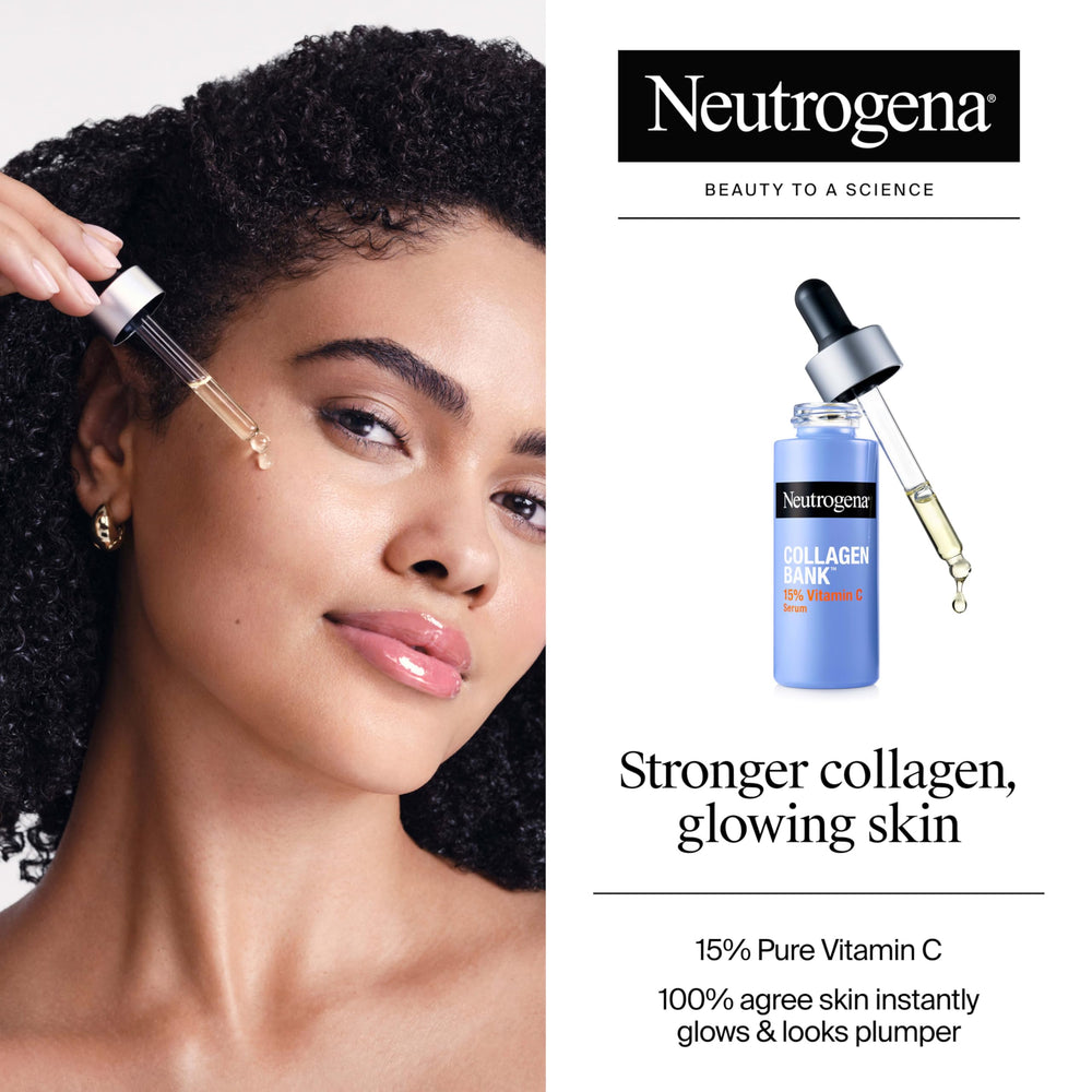 Neutrogena Collagen Bank serum on the face suggests even tone and subtle radiance.