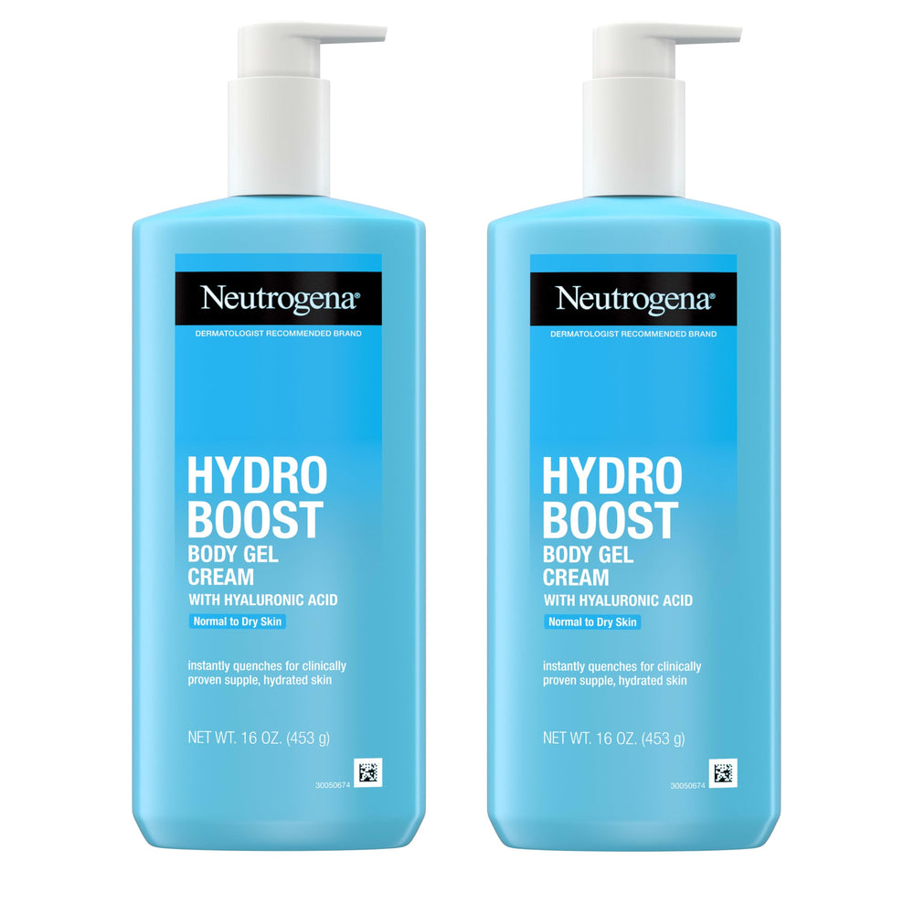 Neutrogena Hydro Boost bottle front highlighting hydrating gel-cream for dry skin.