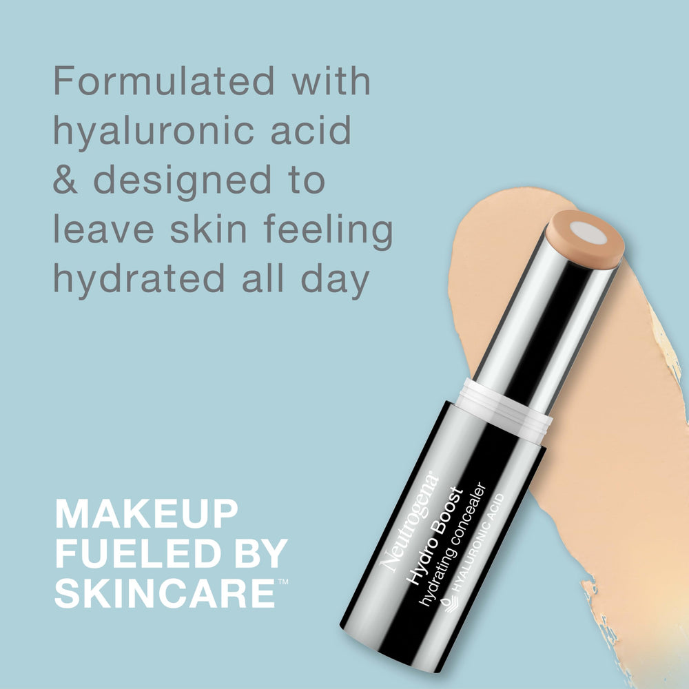 Neutrogena Hydro Boost concealer stick under-eye application highlights gentle, buildable coverage for tired-looking areas.