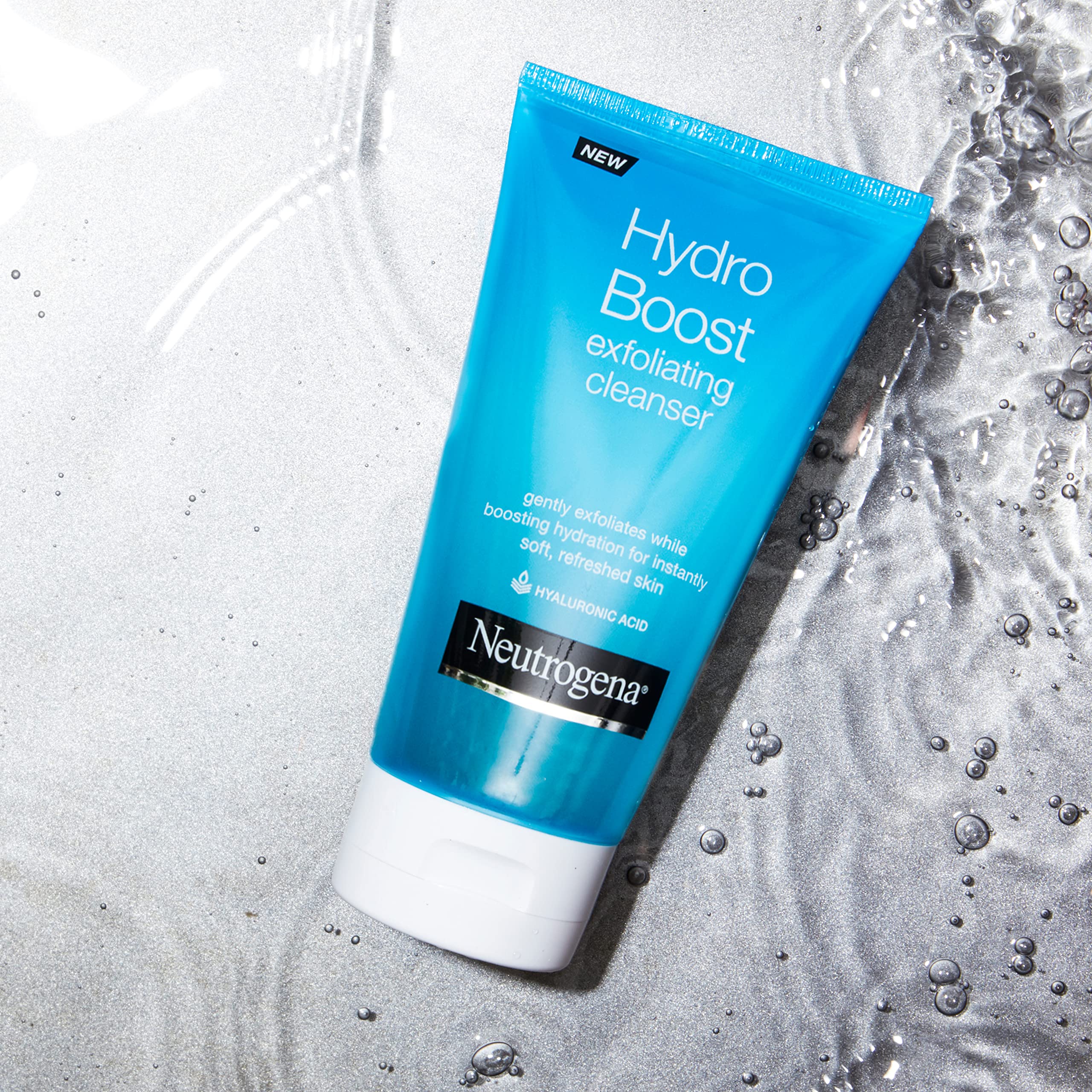 Neutrogena Hydro Boost hyaluronic acid closeup emphasizing moisturizing ingredient.