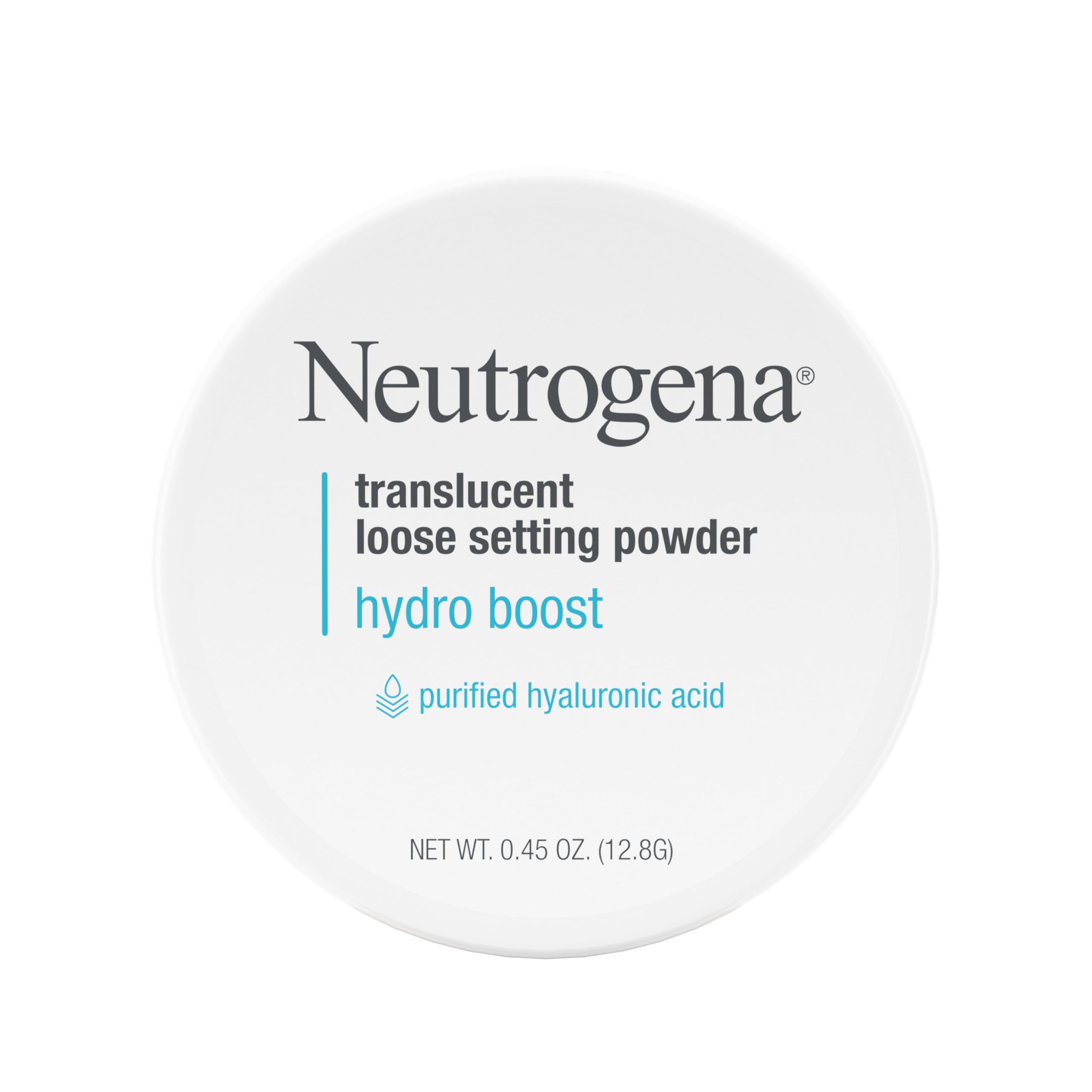 Neutrogena Hydro Boost powder jar closeup shows translucent finish for smooth, hydrated skin.