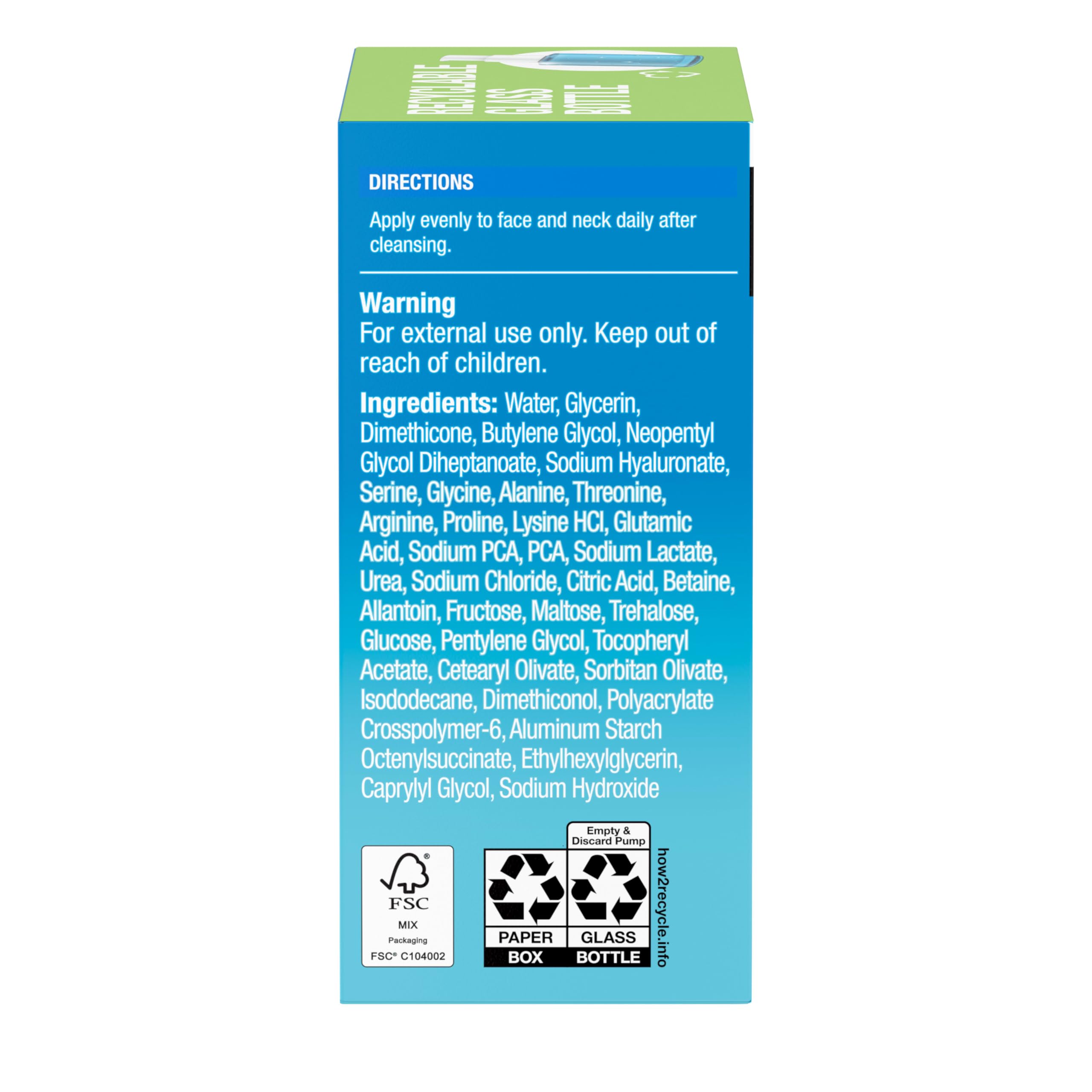 Neutrogena Hydro Boost serum packaging communicates non-comedogenic, pore-friendly formula.