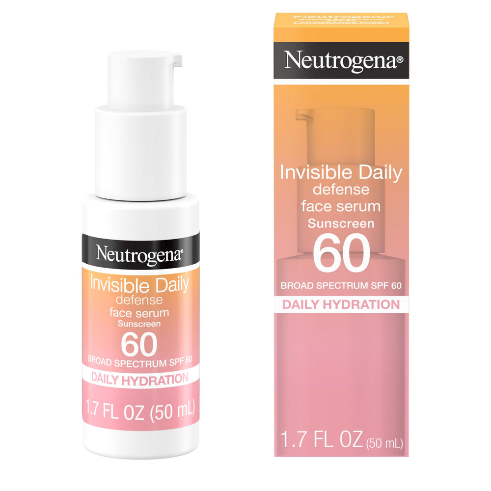 Neutrogena Invisible Daily Defense SPF 60 bottle shows oil-free daily sun protection with hydrating skin feel.