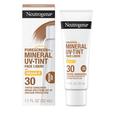 Neutrogena Purescreen+ tinted sunscreen face closeup demonstrates natural shade blend for daily wear.