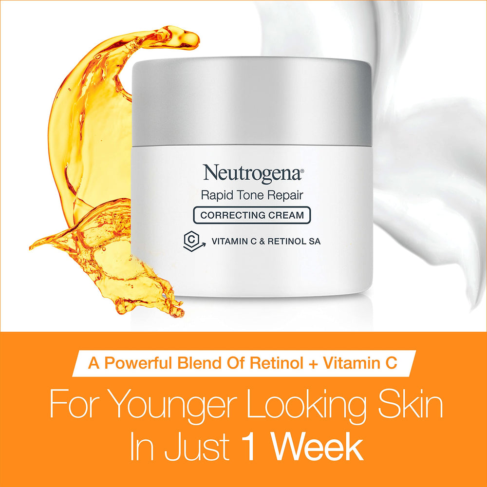 Neutrogena Rapid Tone Repair cream label view highlights key ingredients for brightening.