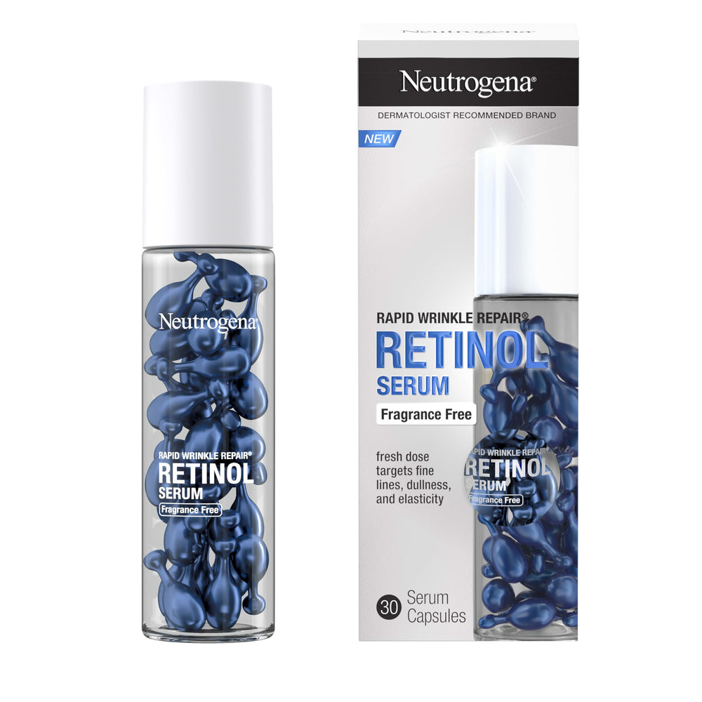 Neutrogena Rapid Wrinkle Repair capsules closeup highlighting fragrance-free retinol for daily use.