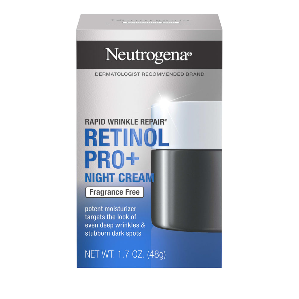 Neutrogena Rapid Wrinkle Repair Night Cream jar closeup with fragrance-free, paraben-free emphasis.
