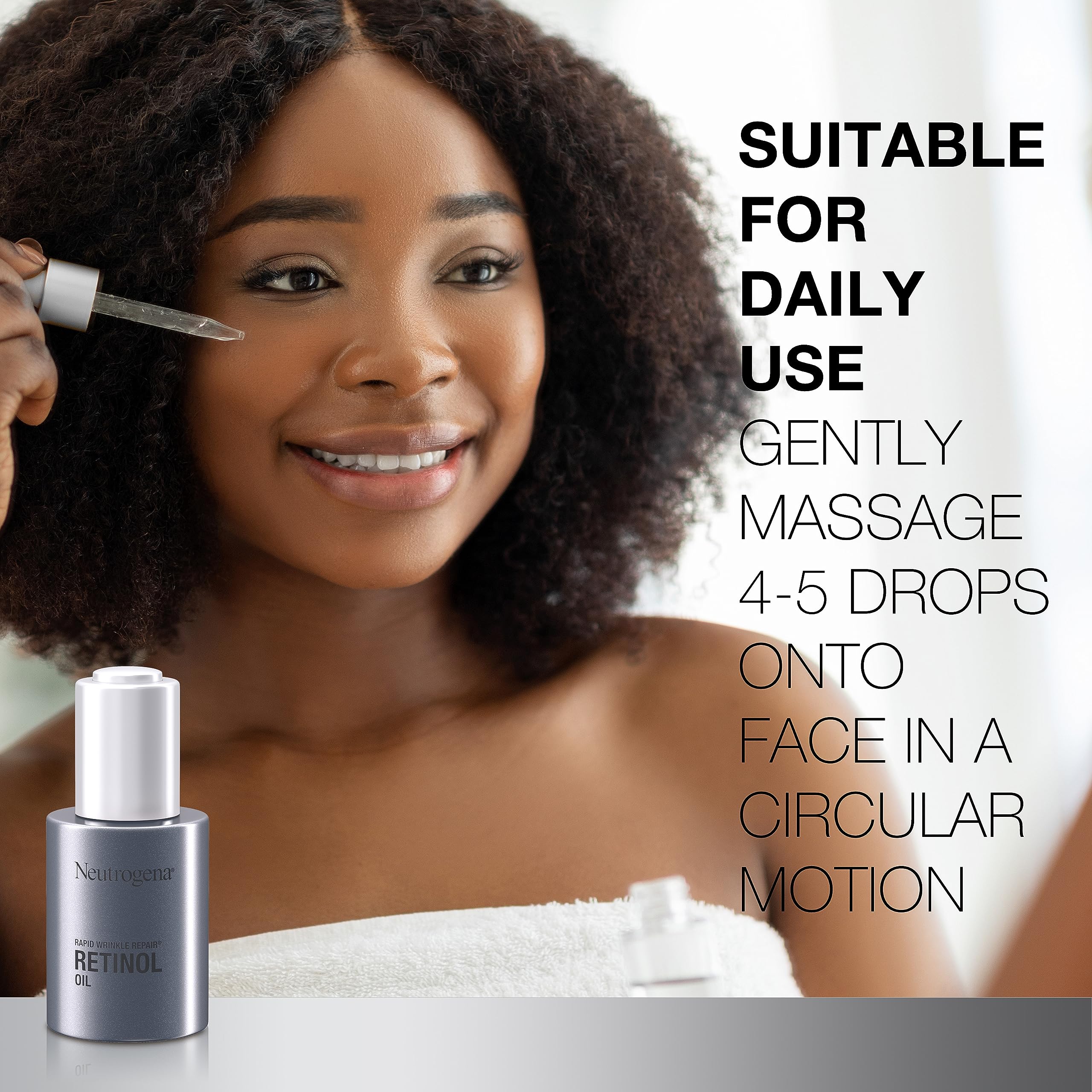 Neutrogena Rapid Wrinkle Repair Oil dropper applying to cleansed skin at night.