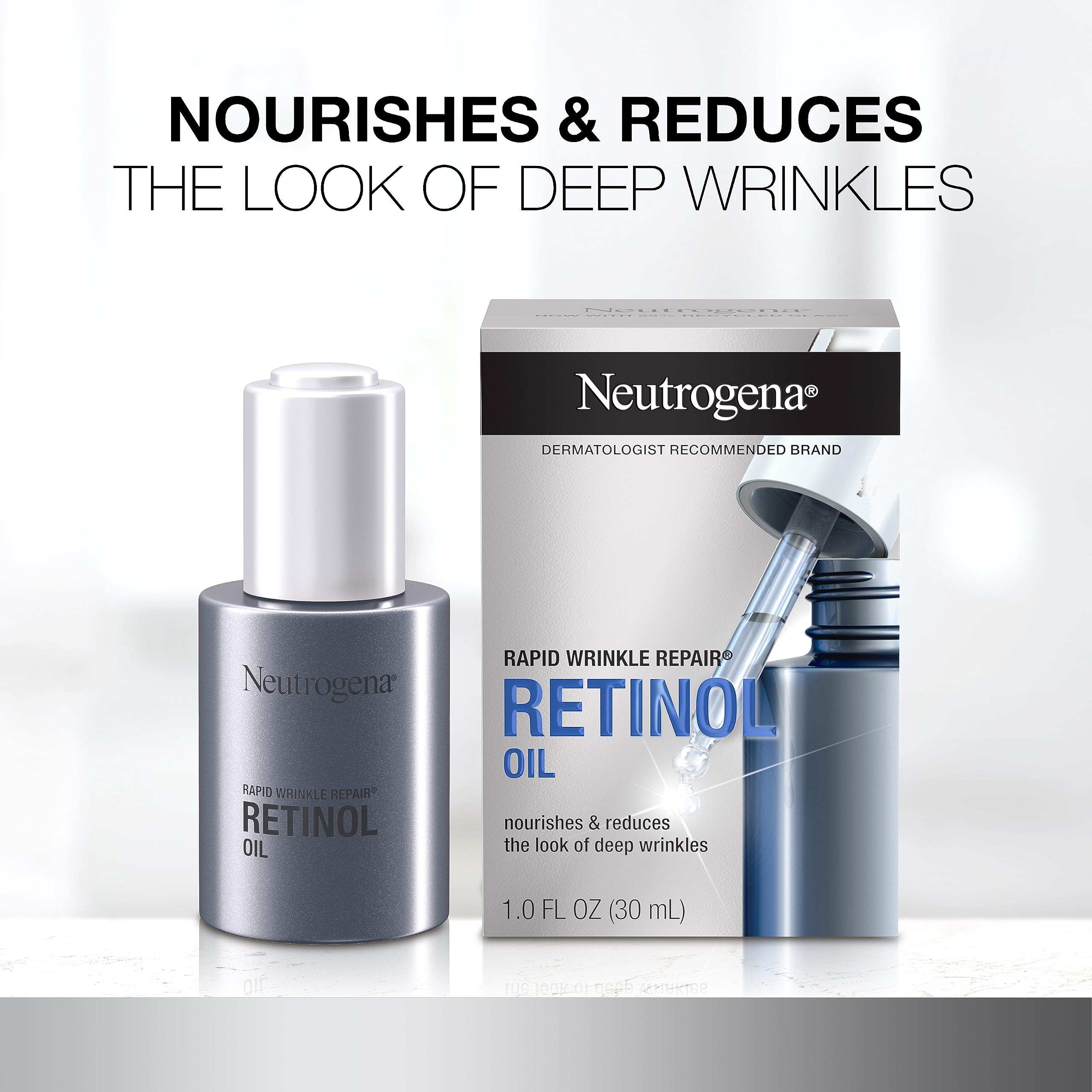 Neutrogena Rapid Wrinkle Repair Oil applied to skin for smooth, nourished feeling.