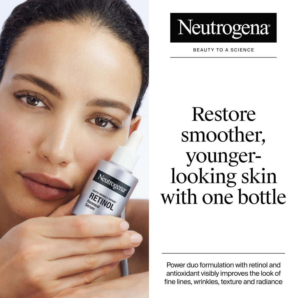 Neutrogena Rapid Wrinkle Repair serum dropper close-up highlighting retinol benefits.