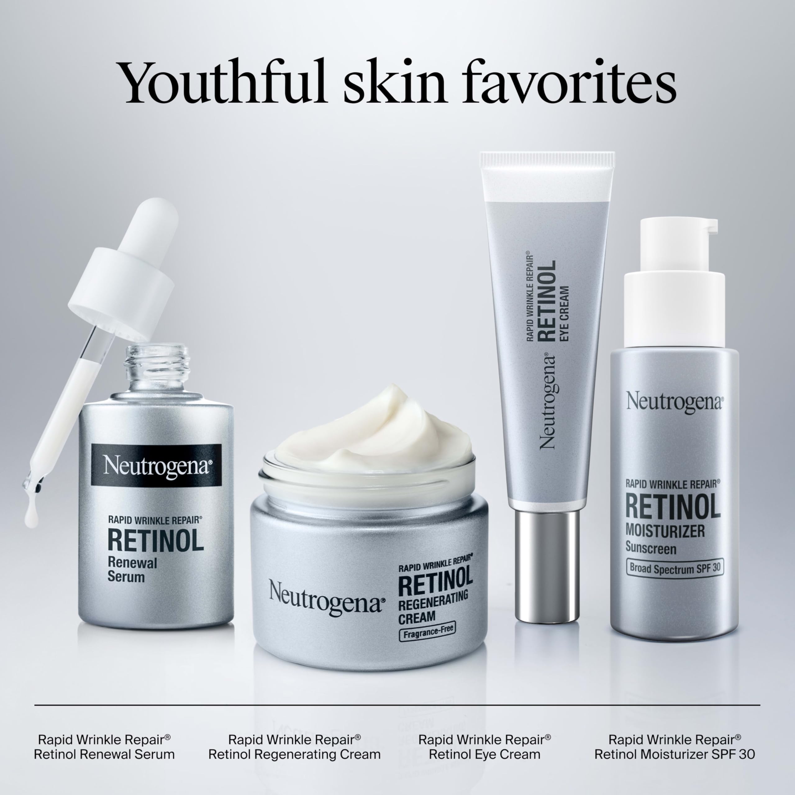 Neutrogena Rapid Wrinkle Repair serum on a mirror-top display for daily use.