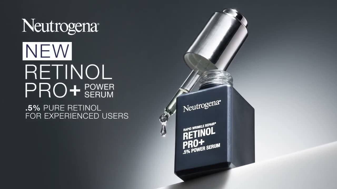 Neutrogena Rapid Wrinkle Repair serum on stand signals premium nighttime routine integration.