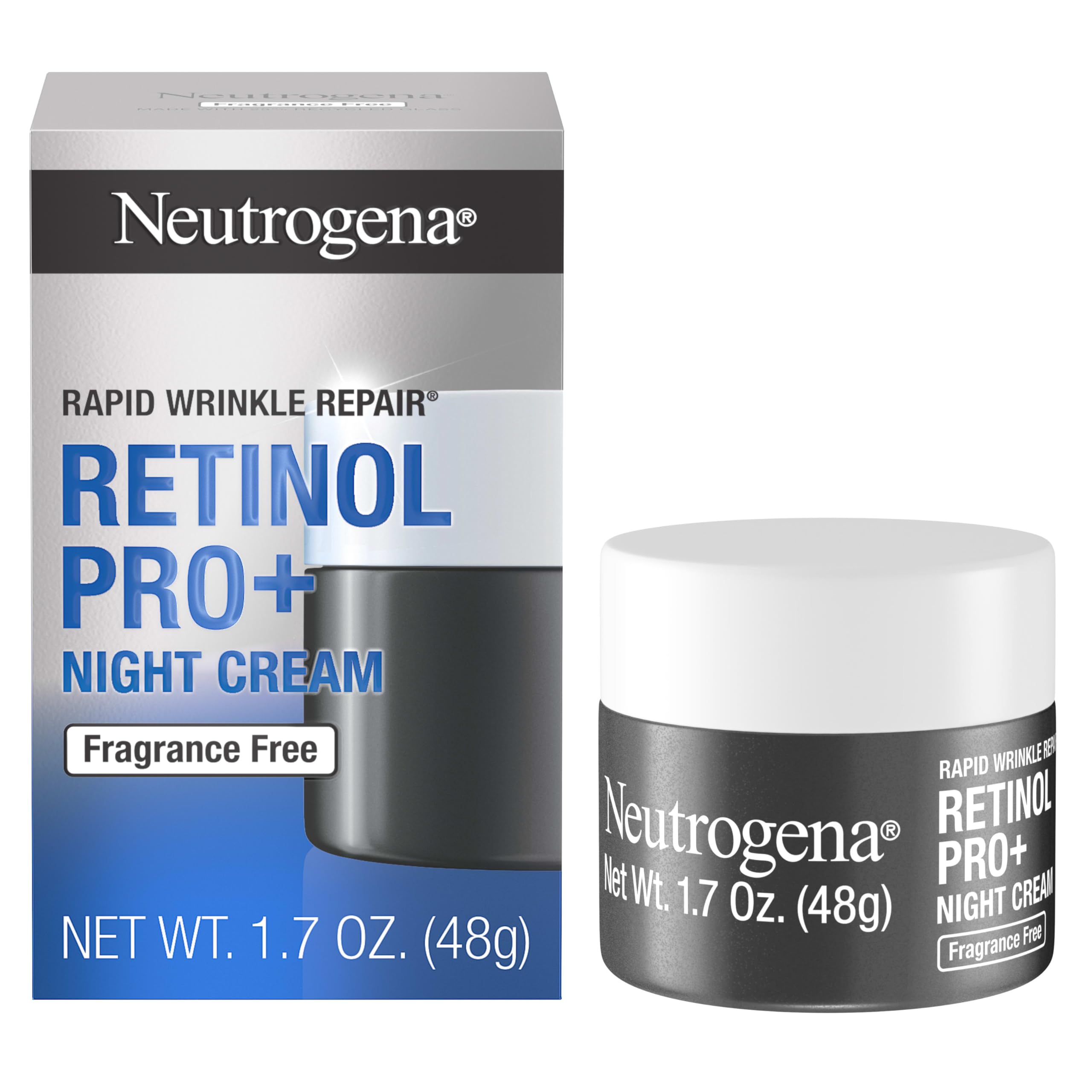 Neutrogena Retinol Pro+ Night Cream jar closeup highlighting softer, smoother skin.