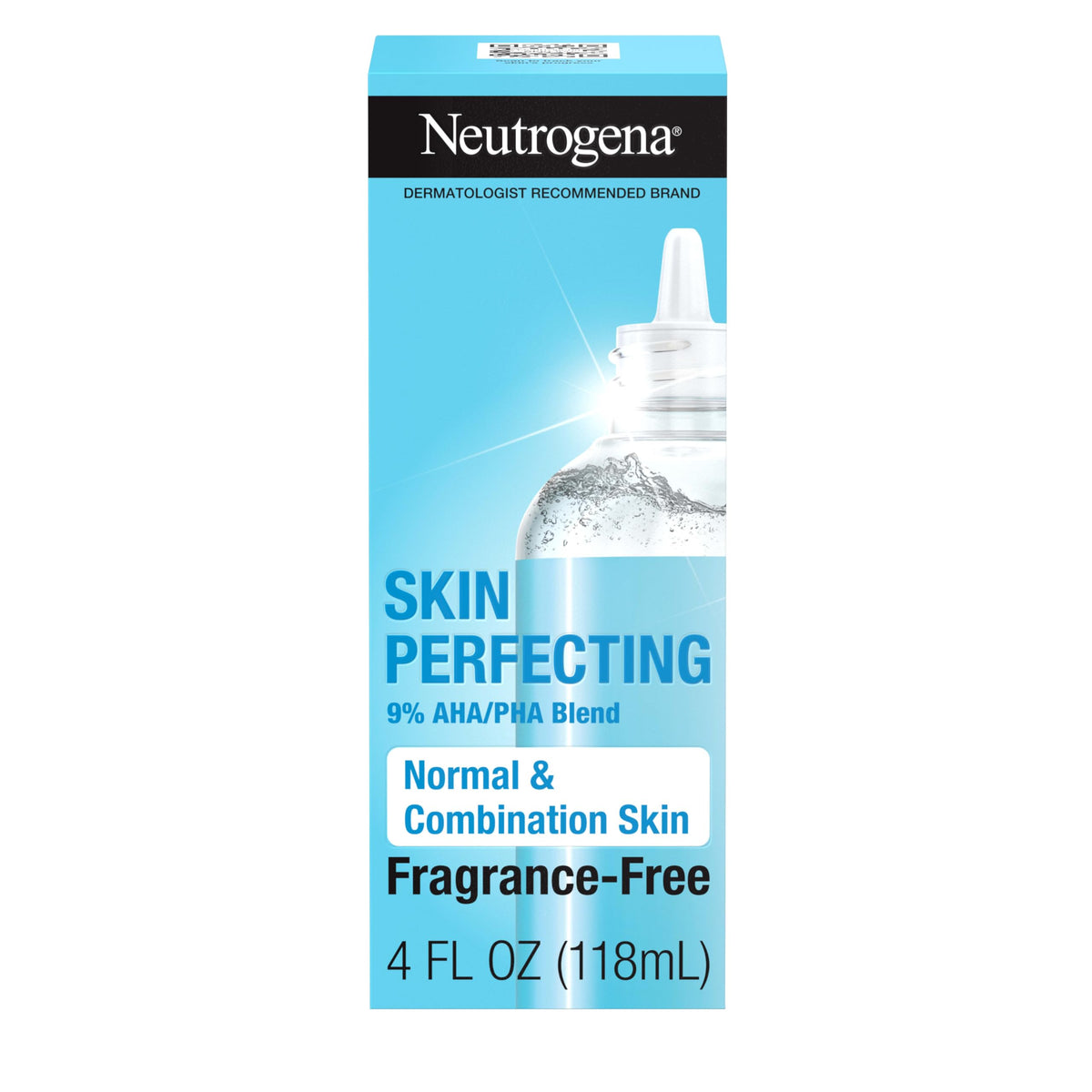 Neutrogena Skin Perfecting bottle front showcases a fragrance-free exfoliant for daily use.