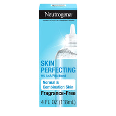 Neutrogena Skin Perfecting bottle front showcases a fragrance-free exfoliant for daily use.
