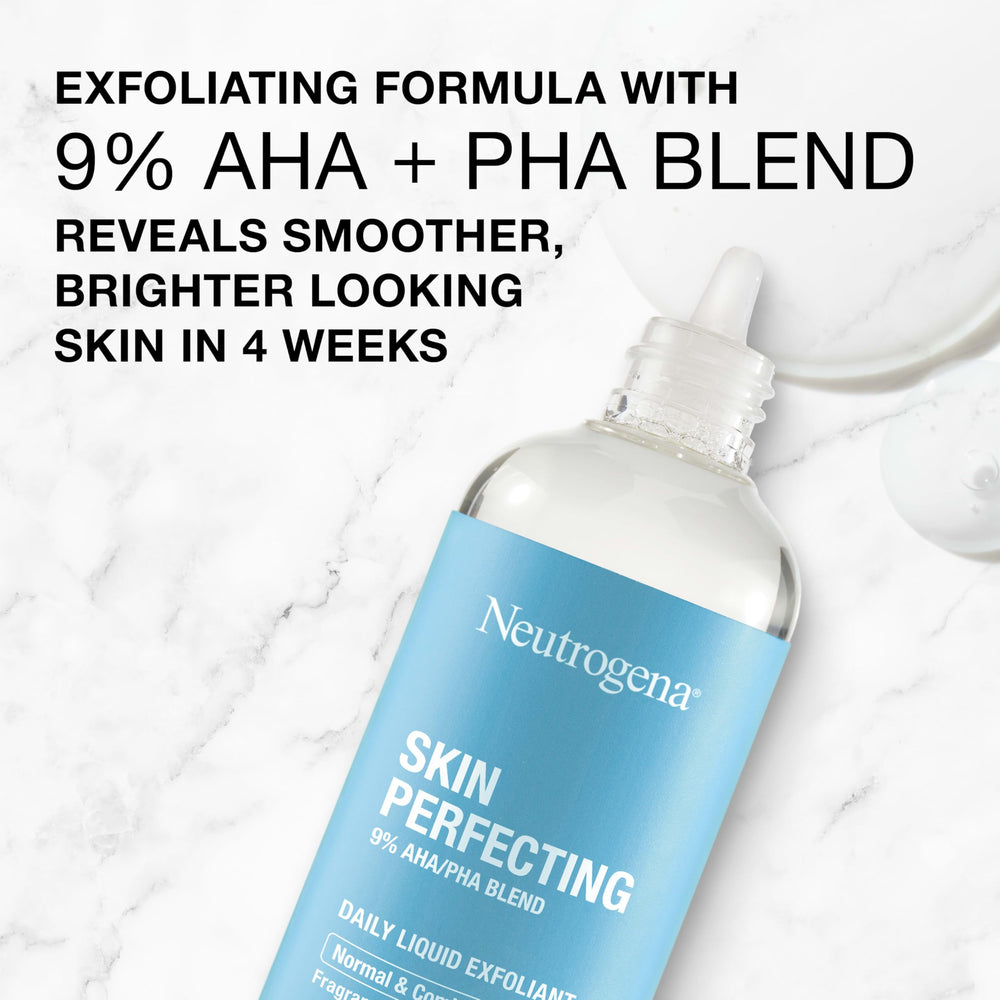 Neutrogena Skin Perfecting gluconolactone closeup emphasizes hydration and pore-decongestion benefits.