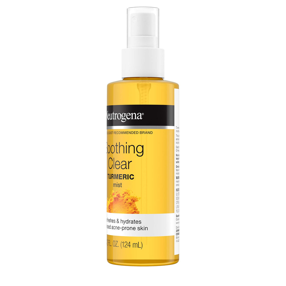 Neutrogena Soothing Clear Turmeric Mist bottle front demonstrates compact, on-the-go hydration.