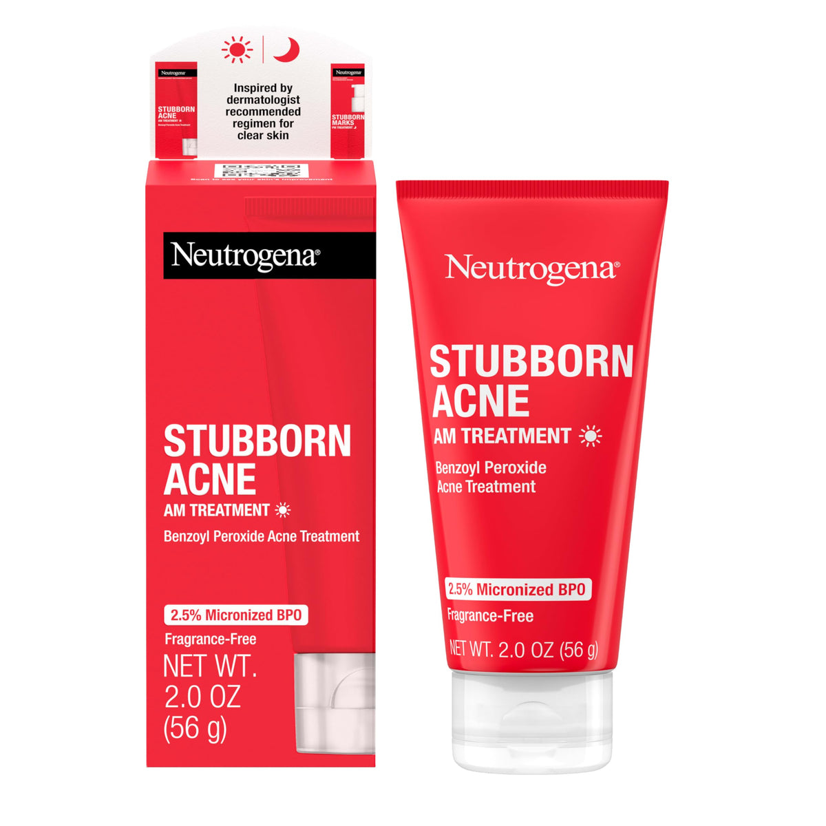 Neutrogena Stubborn Acne AM Treatment bottle showing oil-free daytime care.