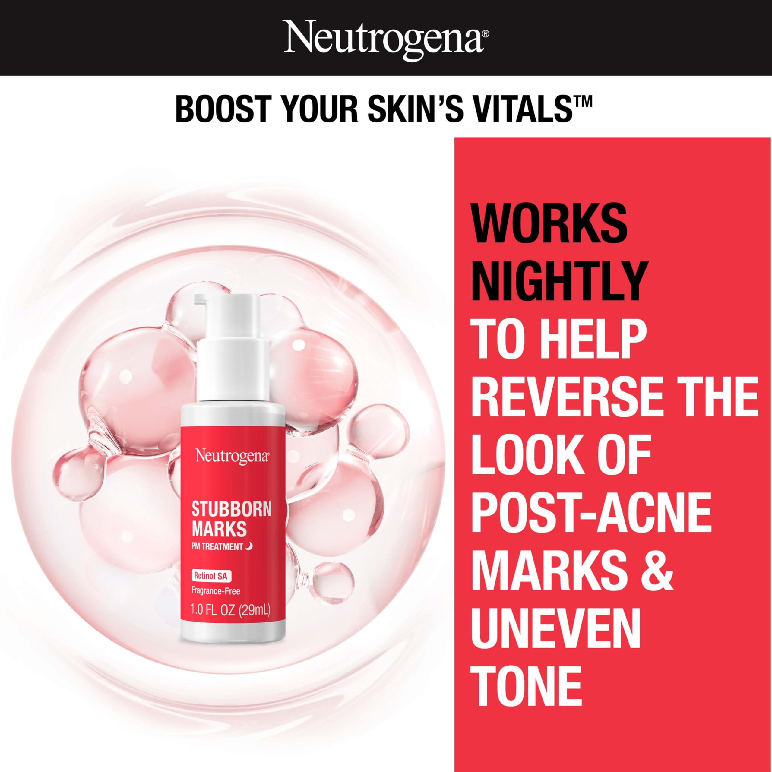 Close-up of Neutrogena Stubborn Marks PM label highlighting retinol SA benefits.