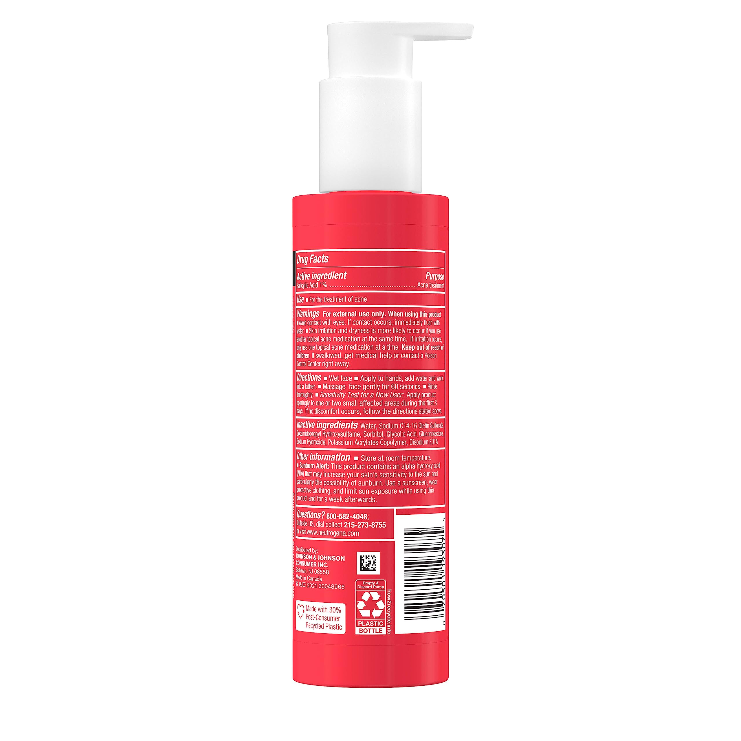 Neutrogena Stubborn Texture bottle and foam image shows simple in-shower cleanse routine.