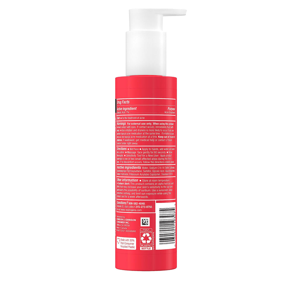Neutrogena Stubborn Texture bottle and foam image shows simple in-shower cleanse routine.