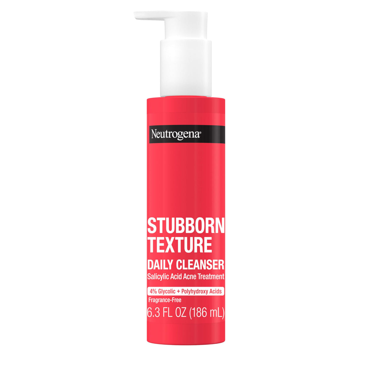 Neutrogena Stubborn Texture Daily Acne Cleanser bottle shown for clear skin and smoother texture.