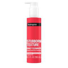 Neutrogena Stubborn Texture Daily Acne Cleanser bottle shown for clear skin and smoother texture.