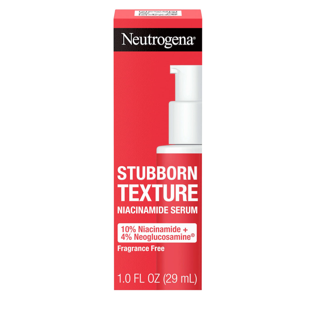 Neutrogena Stubborn Texture Serum bottle shows fragrance-free formula for sensitive, even-toned skin