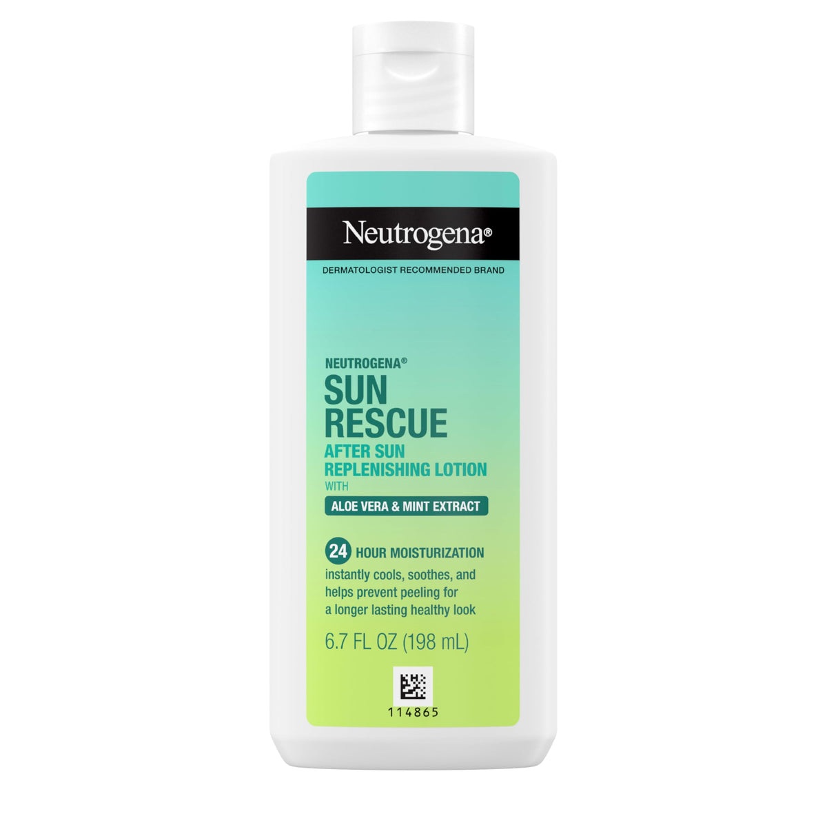 Neutrogena Sun Rescue After Sun Lotion packaging highlights vegan, non-comedogenic formula.